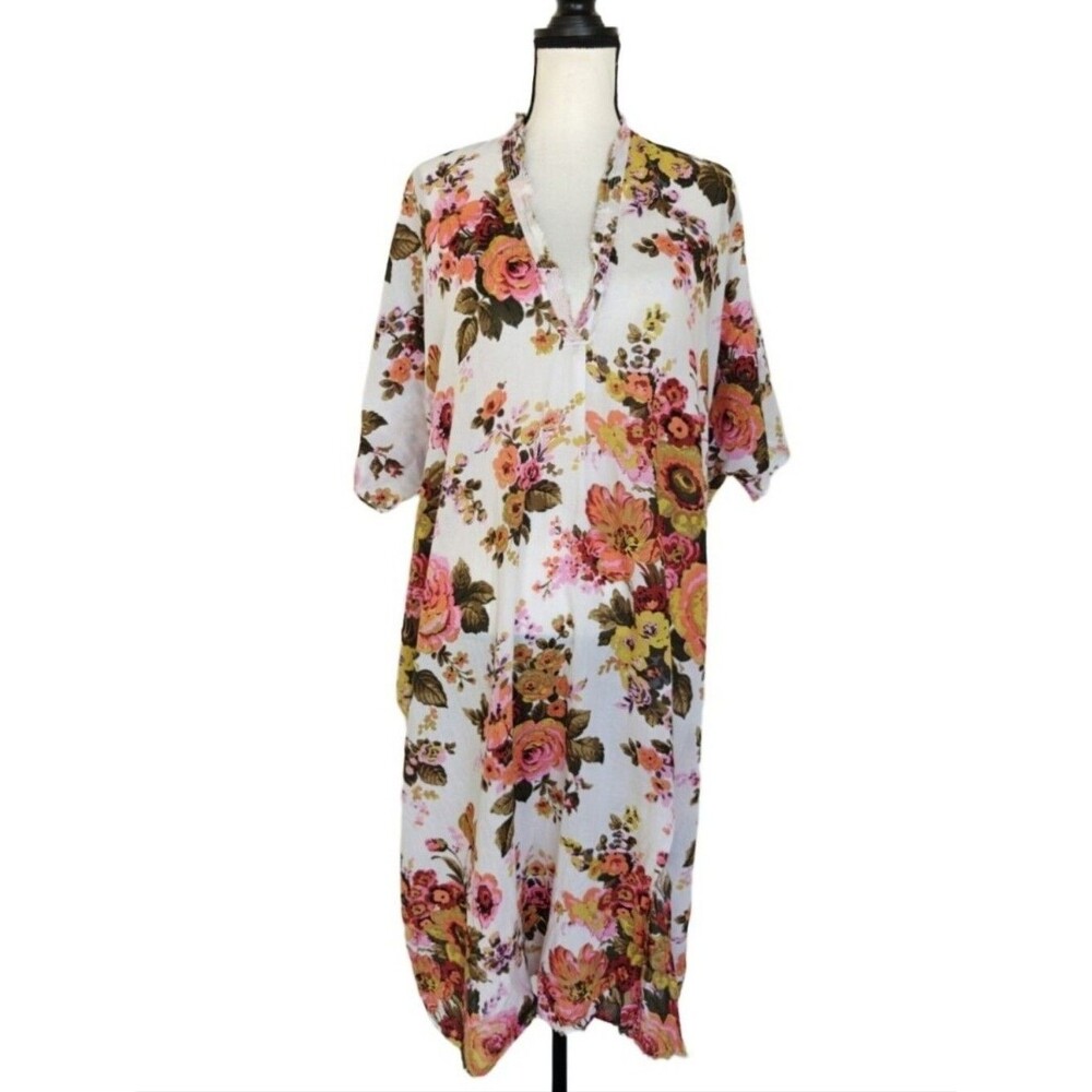 Neem Living Kaftan Coverup White Floral Print Size Medium Large